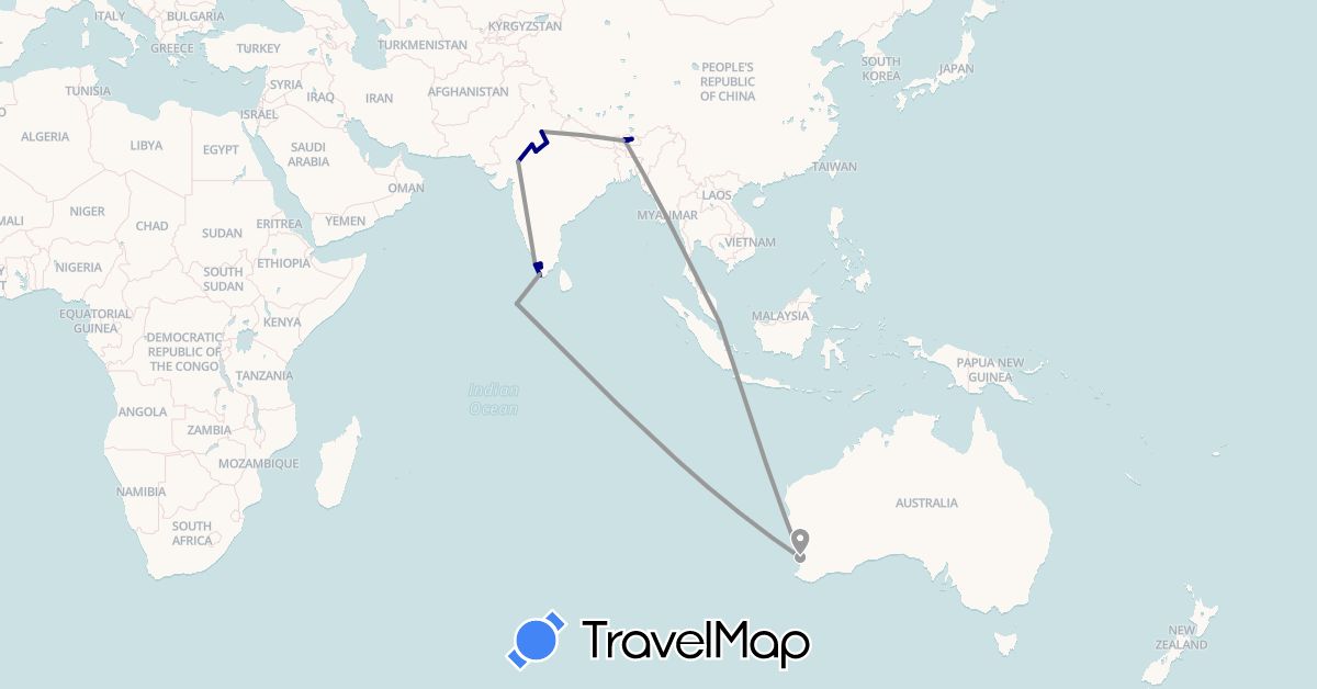 TravelMap itinerary: driving, plane, boat in Australia, Bhutan, India, Maldives, Singapore (Asia, Oceania)